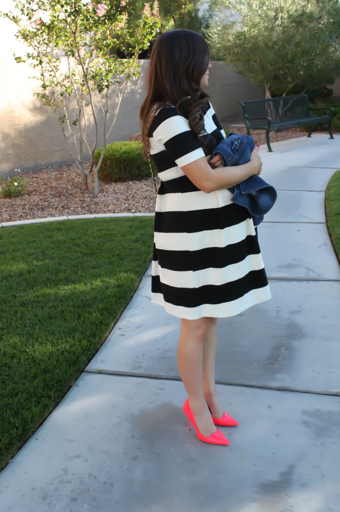 Rugby Striped Maternity Dress, Patent Neon Pink Heels, Black Quilted Chain Strap Bag, ASOS, ASOS Maternity, Kate Spade, Chanel 6
