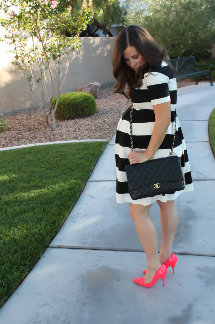 Rugby Striped Maternity Dress, Patent Neon Pink Heels, Black Quilted Chain Strap Bag, ASOS, ASOS Maternity, Kate Spade, Chanel 7