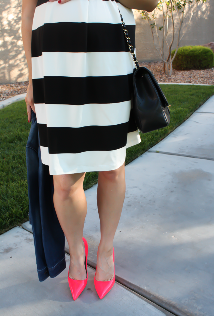 Rugby Striped Maternity Dress, Patent Neon Pink Heels, Black Quilted Chain Strap Bag, ASOS, ASOS Maternity, Kate Spade, Chanel 9