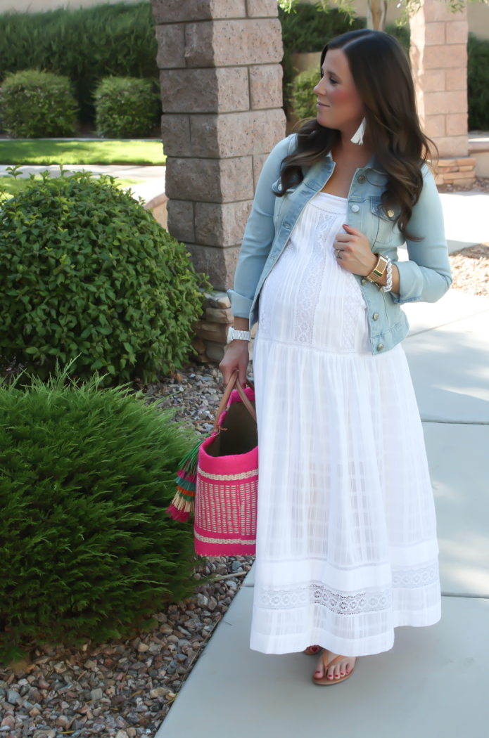 Summer Style, White Maxi Dress, Light Wash Denim Jacket, Tan Sandales, Pink Straw Tote, Bloomingdales, BCBG Max Azria 3