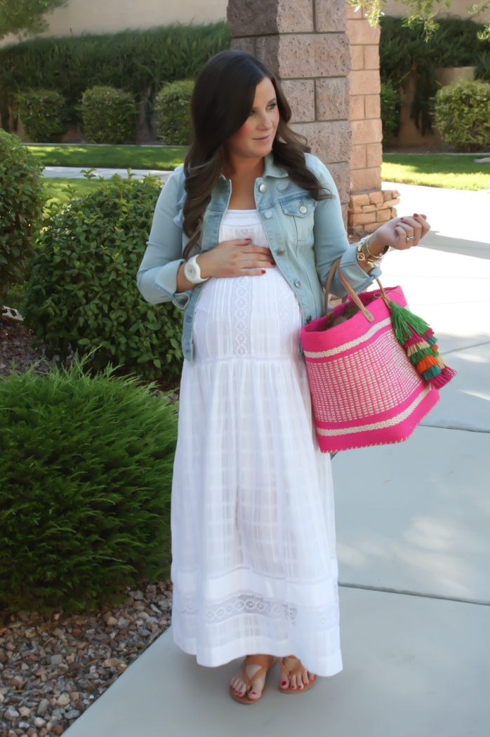 Summer Style, White Maxi Dress, Light Wash Denim Jacket, Tan Sandales, Pink Straw Tote, Bloomingdales, BCBG Max Azria