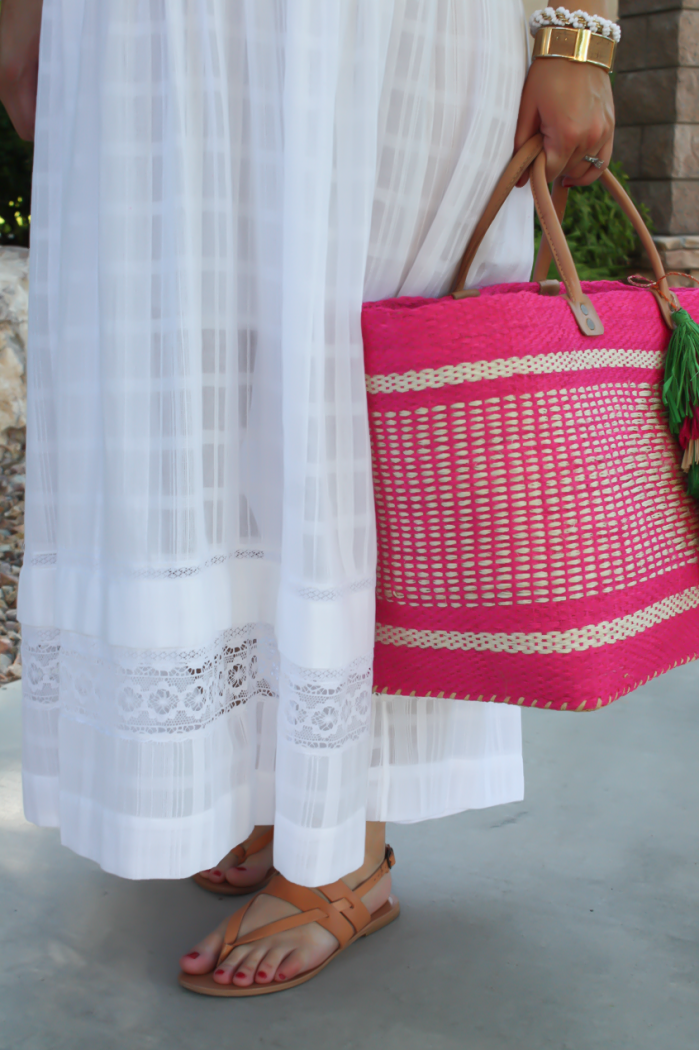 Summer Style, White Maxi Dress, Light Wash Denim Jacket, Tan Sandales, Pink Straw Tote, Bloomingdales, BCBG Max Azria 9