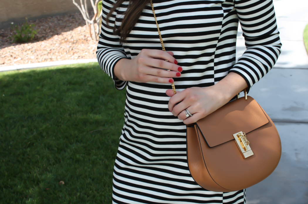 Black and Ivory Striped Dress, Cognac Chain Strap Crossbody Bag, Cognac Peep Toe Booties, J.Crew Factory, Chloe, Paul Green 2