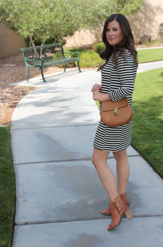 Black and Ivory Striped Dress, Cognac Chain Strap Crossbody Bag, Cognac Peep Toe Booties, J.Crew Factory, Chloe, Paul Green 3