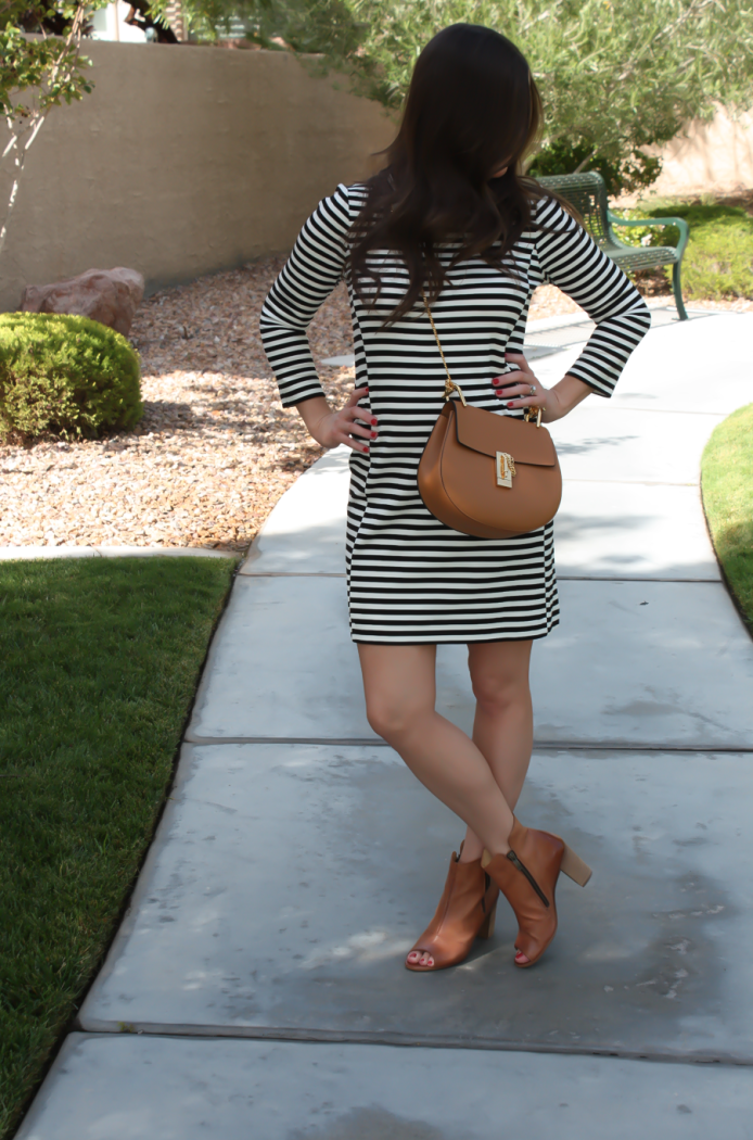 Black and Ivory Striped Dress, Cognac Chain Strap Crossbody Bag, Cognac Peep Toe Booties, J.Crew Factory, Chloe, Paul Green 4