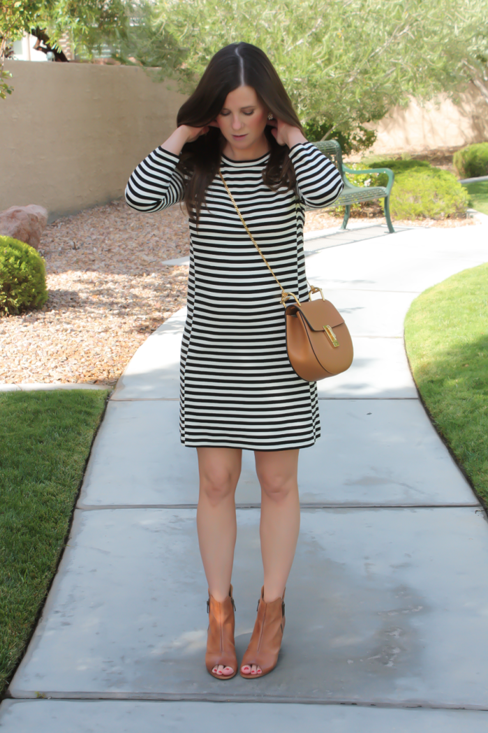 Black and Ivory Striped Dress, Cognac Chain Strap Crossbody Bag, Cognac Peep Toe Booties, J.Crew Factory, Chloe, Paul Green 5