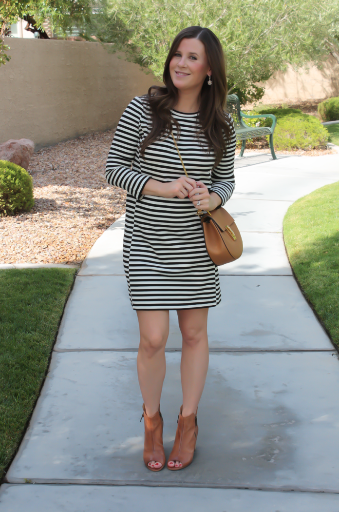 Black and Ivory Striped Dress, Cognac Chain Strap Crossbody Bag, Cognac Peep Toe Booties, J.Crew Factory, Chloe, Paul Green