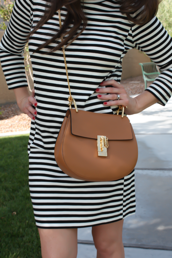 Black and Ivory Striped Dress, Cognac Chain Strap Crossbody Bag, Cognac Peep Toe Booties, J.Crew Factory, Chloe, Paul Green 8