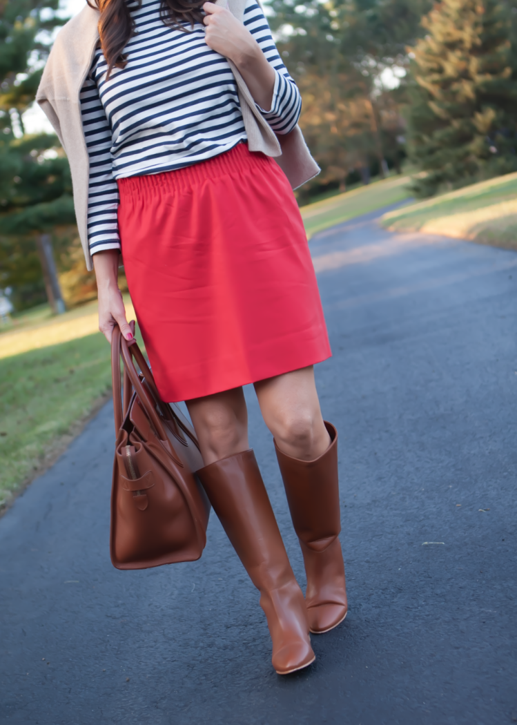 Blue Striped Shirt, City Mini Red Skirt, Cashmere Boatneck Sweater, Brown Leather Tall Boots, Brown Tote, J.Crew, Loeffler Randall, Celine