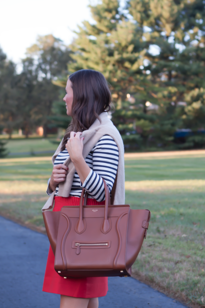 Blue Striped Shirt, City Mini Red Skirt, Cashmere Boatneck Sweater, Brown Leather Tall Boots, Brown Tote, J.Crew, Loeffler Randall, Celine 3