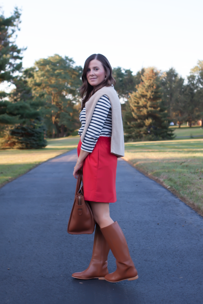 Blue Striped Shirt, City Mini Red Skirt, Cashmere Boatneck Sweater, Brown Leather Tall Boots, Brown Tote, J.Crew, Loeffler Randall, Celine 5