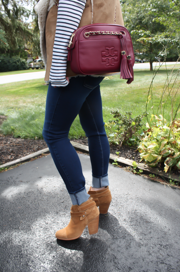 Faux Sherpa Vest, Striped Tee, Dark Rinse Skinny Jeans, Brown Suede Booties, Cranberry Crossbody Bag, Velvery and Graham, J.Crew, 7 for All Mankind, Rag and Bone 2