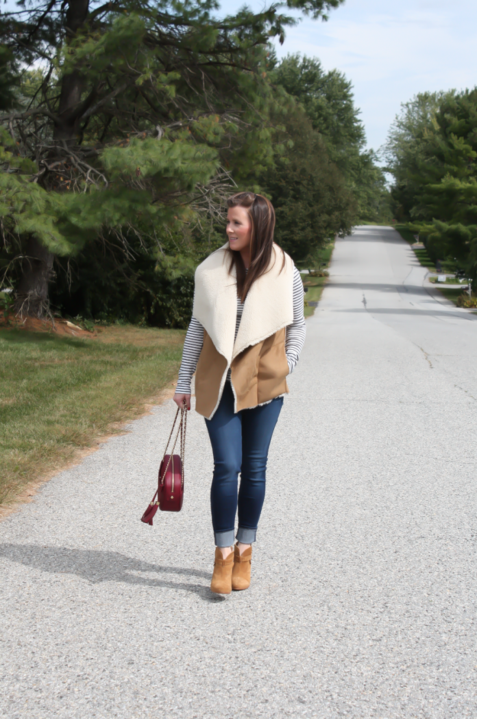 Faux Sherpa Vest, Striped Tee, Dark Rinse Skinny Jeans, Brown Suede Booties, Cranberry Crossbody Bag, Velvery and Graham, J.Crew, 7 for All Mankind, Rag and Bone 3