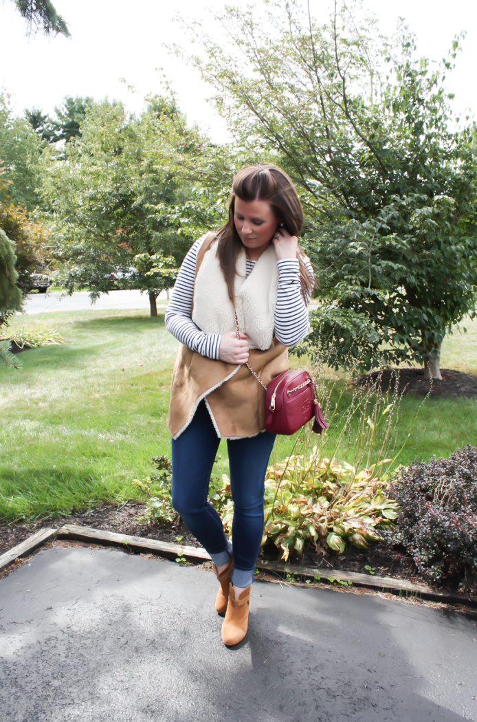 Faux Sherpa Vest, Striped Tee, Dark Rinse Skinny Jeans, Brown Suede Booties, Cranberry Crossbody Bag, Velvery and Graham, J.Crew, 7 for All Mankind, Rag and Bone 4