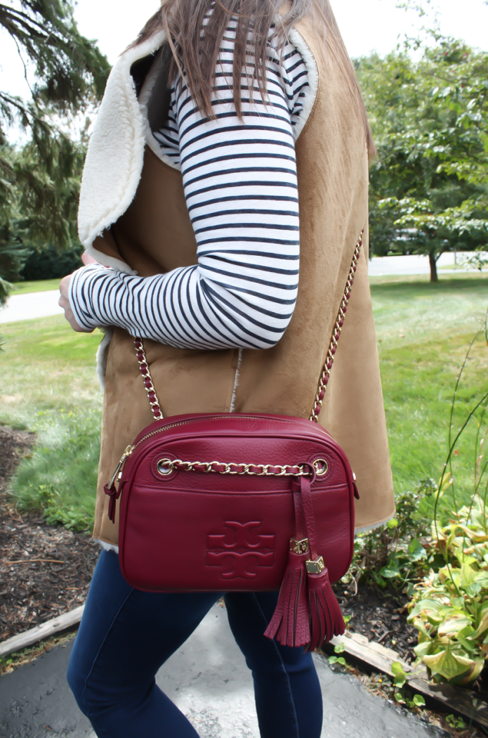 Faux Sherpa Vest, Striped Tee, Dark Rinse Skinny Jeans, Brown Suede Booties, Cranberry Crossbody Bag, Velvery and Graham, J.Crew, 7 for All Mankind, Rag and Bone