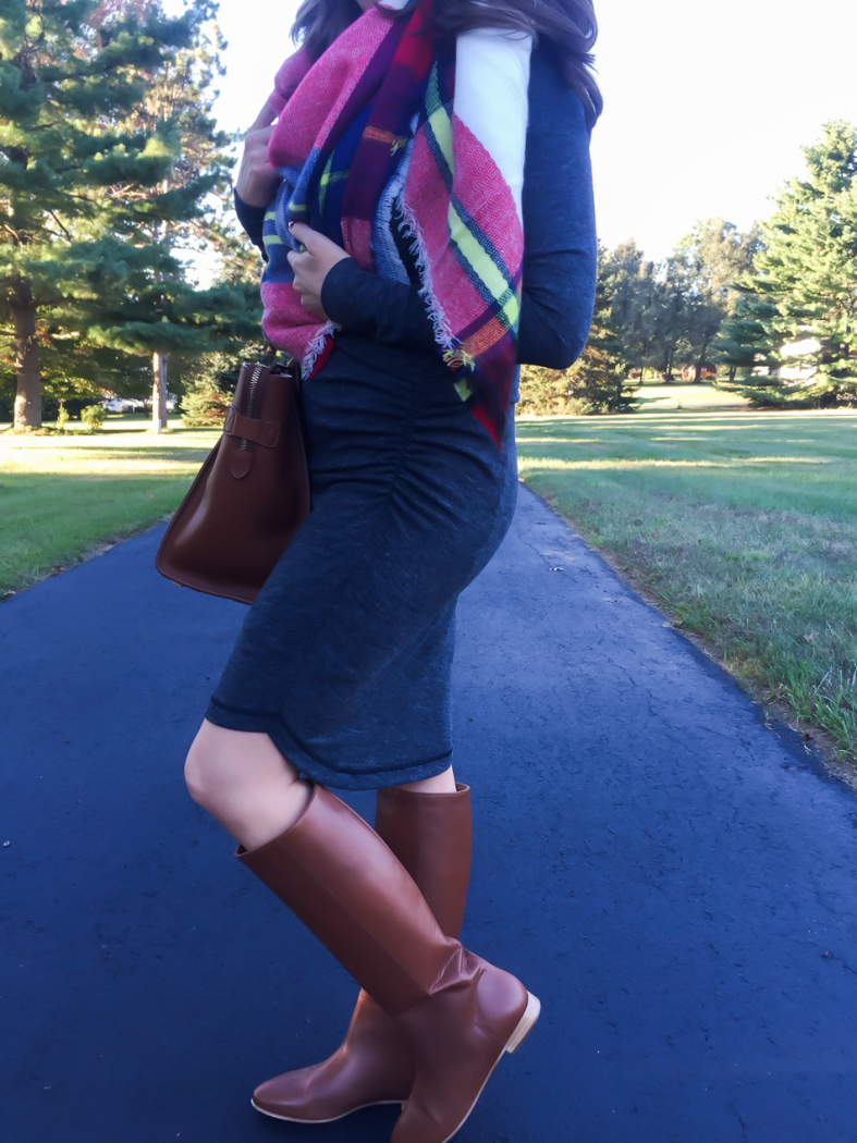 Heathered Dark Grey Long Sleeve Dress, Plaid Blanket Scarf, Tall Brown Boots, Structured Brown Tote, Banana Republic, Zara, Loeffler Randal, Celine 11