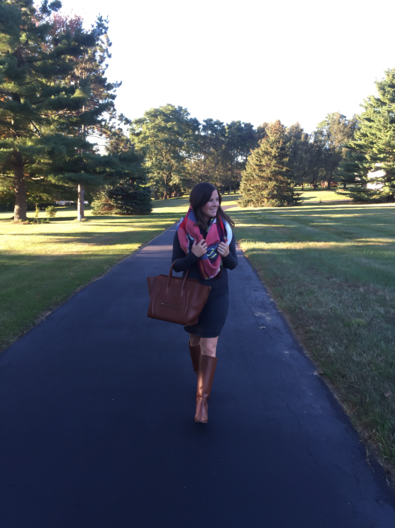 Heathered Dark Grey Long Sleeve Dress, Plaid Blanket Scarf, Tall Brown Boots, Structured Brown Tote, Banana Republic, Zara, Loeffler Randal, Celine 13