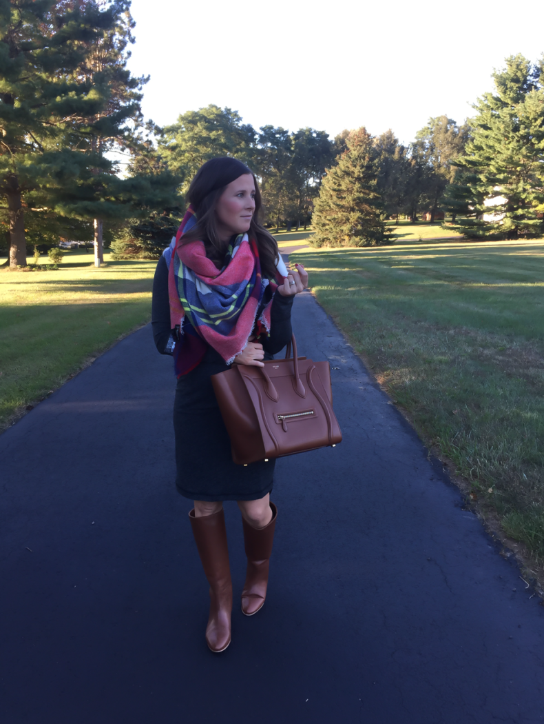 Heathered Dark Grey Long Sleeve Dress, Plaid Blanket Scarf, Tall Brown Boots, Structured Brown Tote, Banana Republic, Zara, Loeffler Randal, Celine 3