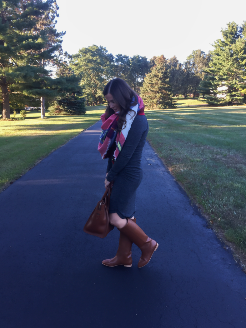 Heathered Dark Grey Long Sleeve Dress, Plaid Blanket Scarf, Tall Brown Boots, Structured Brown Tote, Banana Republic, Zara, Loeffler Randal, Celine 4