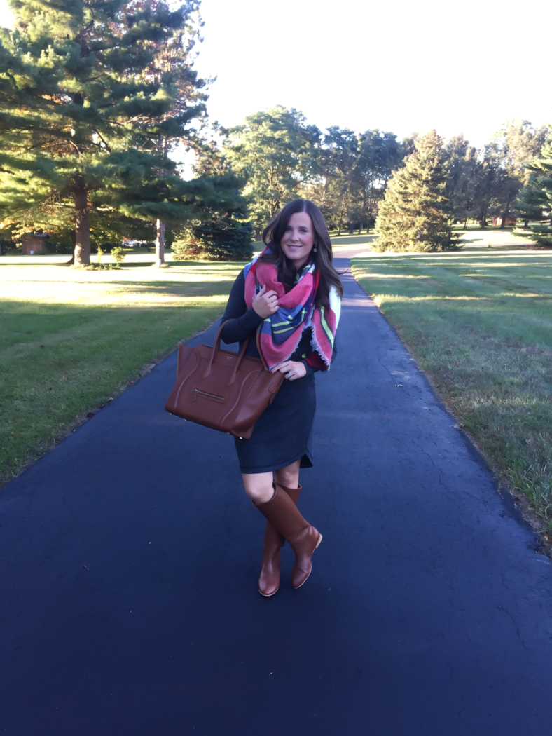 Heathered Dark Grey Long Sleeve Dress, Plaid Blanket Scarf, Tall Brown Boots, Structured Brown Tote, Banana Republic, Zara, Loeffler Randal, Celine 6