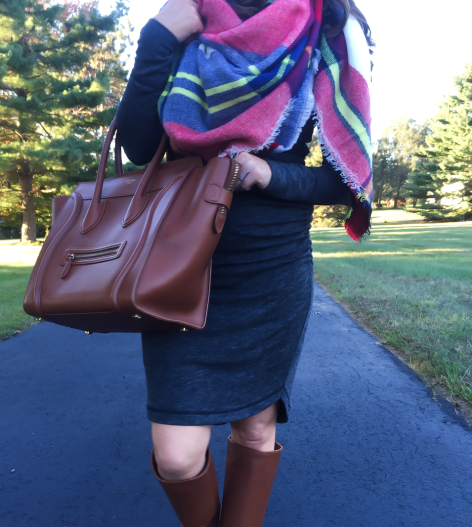 Heathered Dark Grey Long Sleeve Dress, Plaid Blanket Scarf, Tall Brown Boots, Structured Brown Tote, Banana Republic, Zara, Loeffler Randal, Celine 8