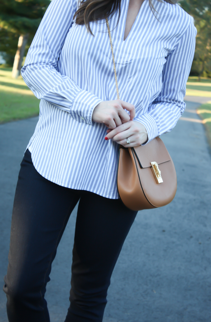 J.Crew Factory Dark Rinse Skinny Jeans, Blue Striped Popover, Tan Flats, Tan Chain Strap Crossbody, J.Crew Factory, J.Crew, Tory Burch, Chloe 3