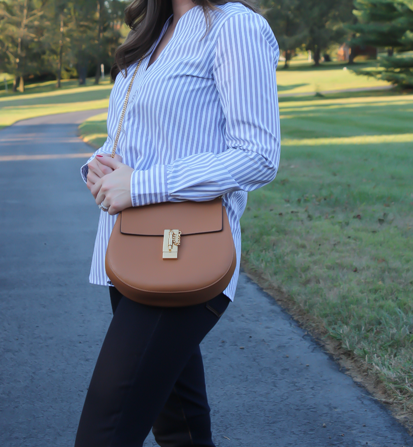 J.Crew Factory Dark Rinse Skinny Jeans, Blue Striped Popover, Tan Flats, Tan Chain Strap Crossbody, J.Crew Factory, J.Crew, Tory Burch, Chloe