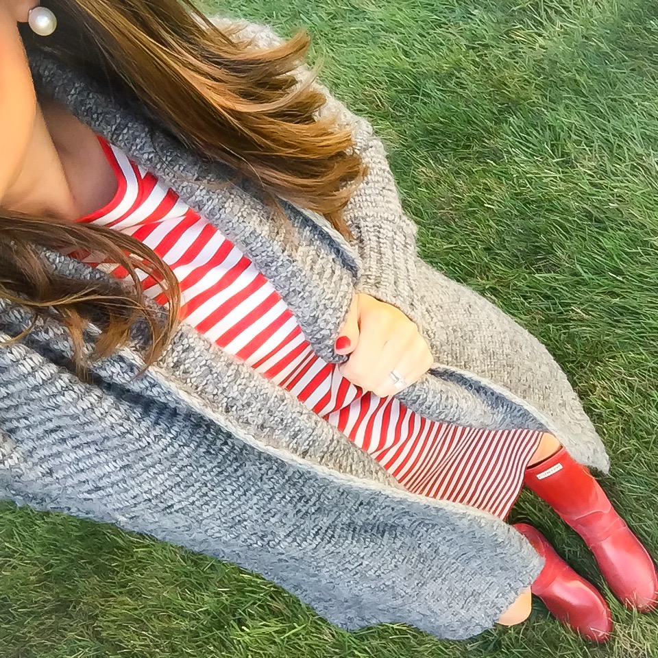 Grey Cardi, Red Striped Dress, Red Hunter Boots