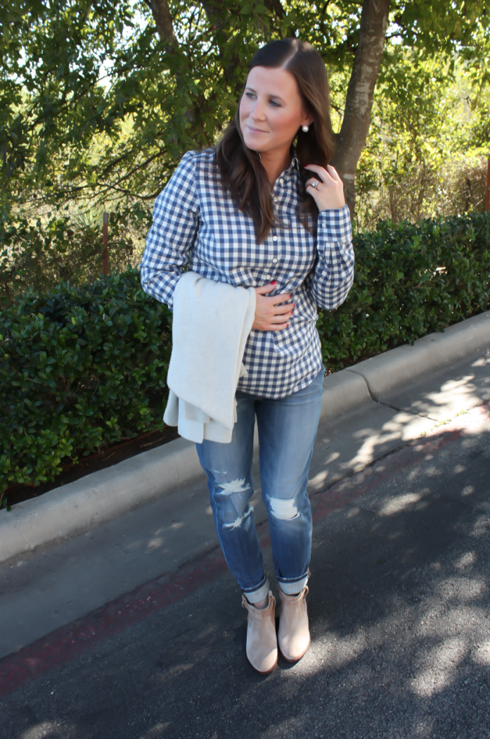 Light Blue Gingham Flannel Popover, Grey Cashmere Cardigan, Distressed Light Wash Boyfriend Jeans, Tan Suede Booties, J.Crew, Joe's J.Crew Factory, Joie 5