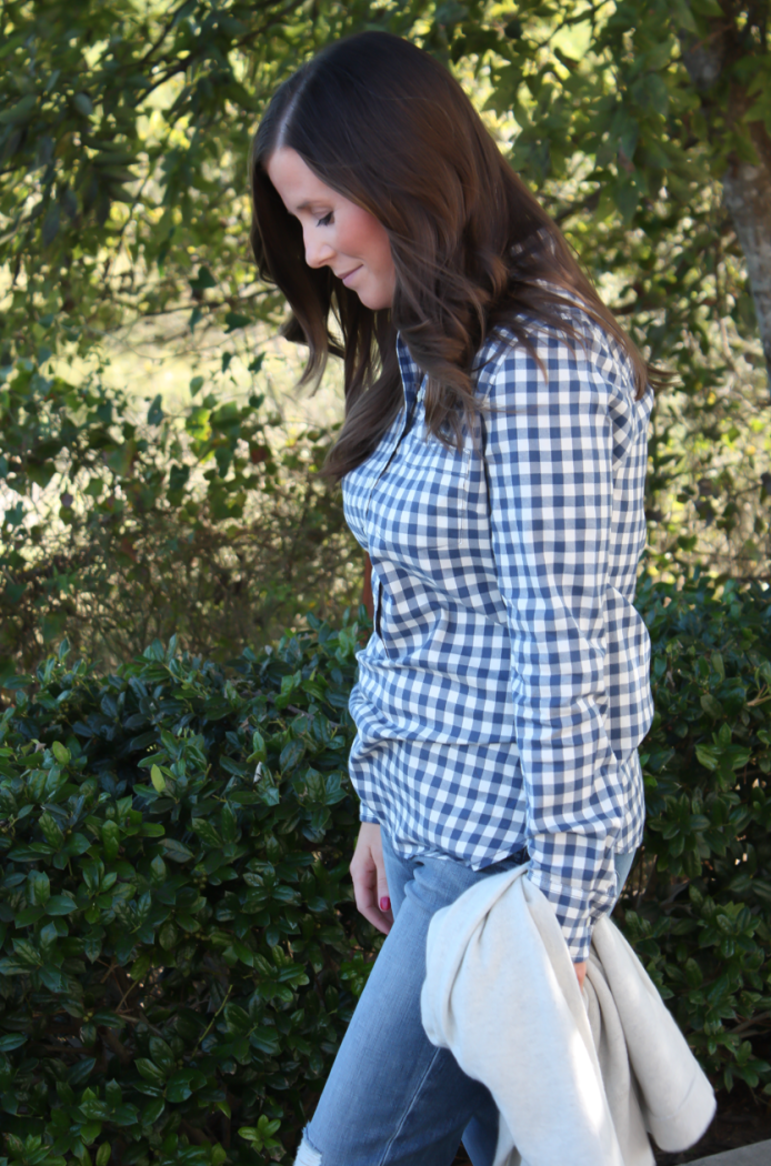 Light Blue Gingham Flannel Popover, Grey Cashmere Cardigan, Distressed Light Wash Boyfriend Jeans, Tan Suede Booties, J.Crew, Joe's J.Crew Factory, Joie