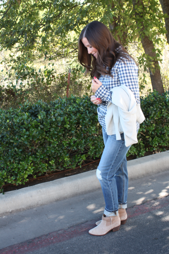 Light Blue Gingham Flannel Popover, Grey Cashmere Cardigan, Distressed Light Wash Boyfriend Jeans, Tan Suede Booties, J.Crew, Joe's J.Crew Factory, Joie 7