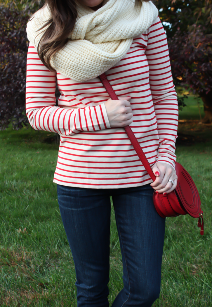 Skinny Ankle Jeans, Red and Ivory Striped Shirt, Ivory Infinity Scarf, Red Crossbody Bag, Cognac Booties, Current Elliott, J.Crew Factory, Chloe, Rachel Comey 10