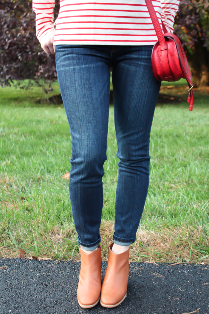 Skinny Ankle Jeans, Red and Ivory Striped Shirt, Ivory Infinity Scarf, Red Crossbody Bag, Cognac Booties, Current Elliott, J.Crew Factory, Chloe, Rachel Comey 12