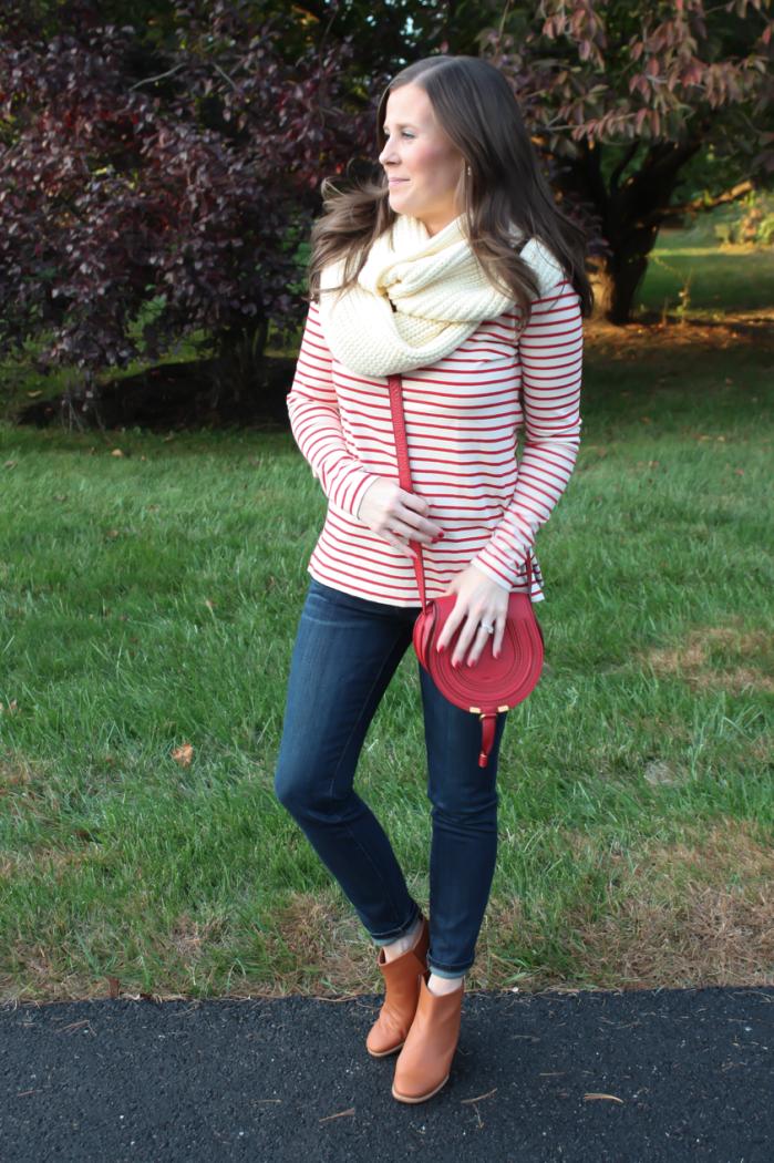 Skinny Ankle Jeans, Red and Ivory Striped Shirt, Ivory Infinity Scarf, Red Crossbody Bag, Cognac Booties, Current Elliott, J.Crew Factory, Chloe, Rachel Comey 4