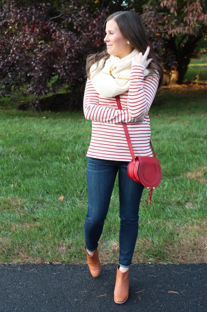 Skinny Ankle Jeans, Red and Ivory Striped Shirt, Ivory Infinity Scarf, Red Crossbody Bag, Cognac Booties, Current Elliott, J.Crew Factory, Chloe, Rachel Comey 5