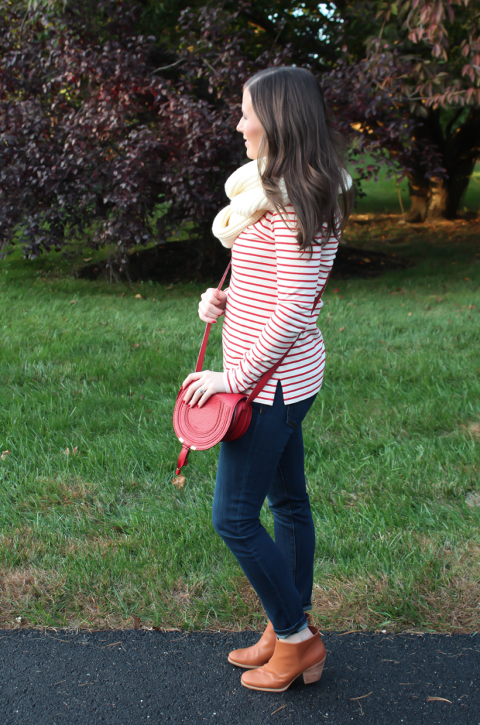 Skinny Ankle Jeans, Red and Ivory Striped Shirt, Ivory Infinity Scarf, Red Crossbody Bag, Cognac Booties, Current Elliott, J.Crew Factory, Chloe, Rachel Comey 7