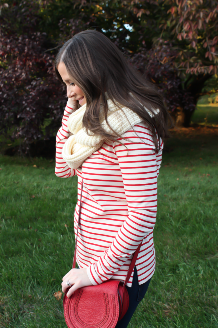 Skinny Ankle Jeans, Red and Ivory Striped Shirt, Ivory Infinity Scarf, Red Crossbody Bag, Cognac Booties, Current Elliott, J.Crew Factory, Chloe, Rachel Comey 8