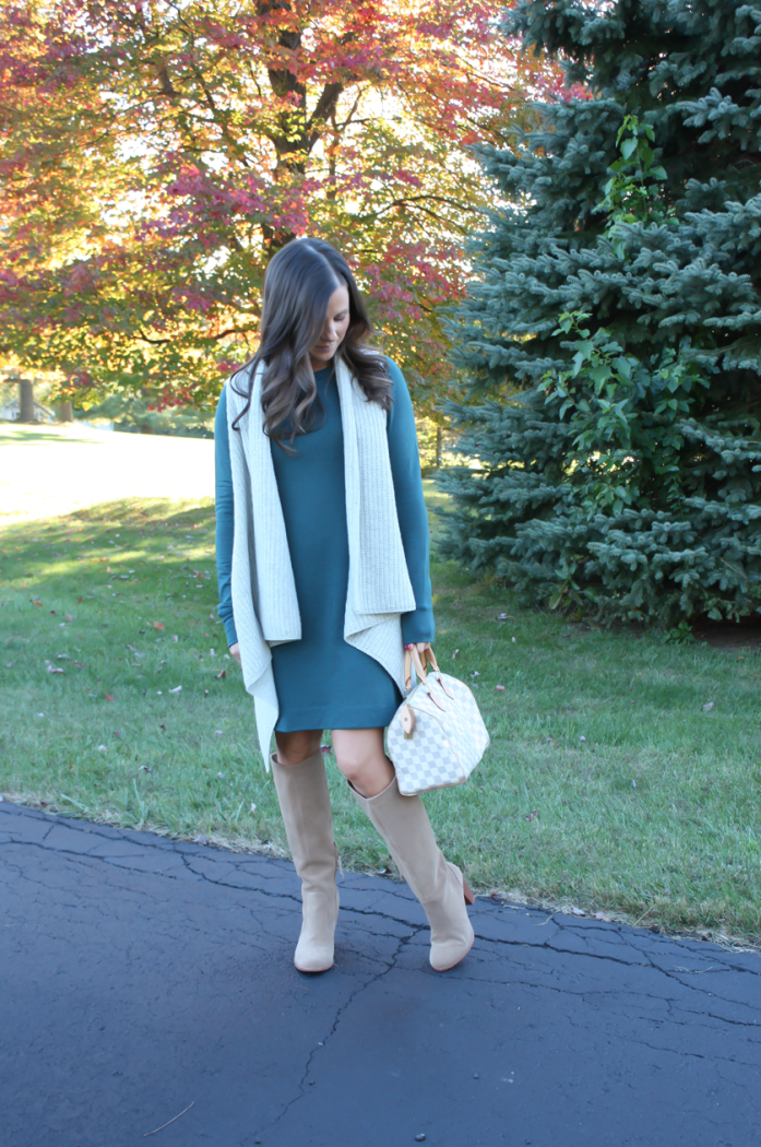 Teal Long Sleeve Knit Dress, Grey Sweater Vest, Tan Suede Tall High Heel Boots, Ivory and Grey Bag, Loft, Lou and Grey, Club Monaco, Joie, Louis Vuitton 2