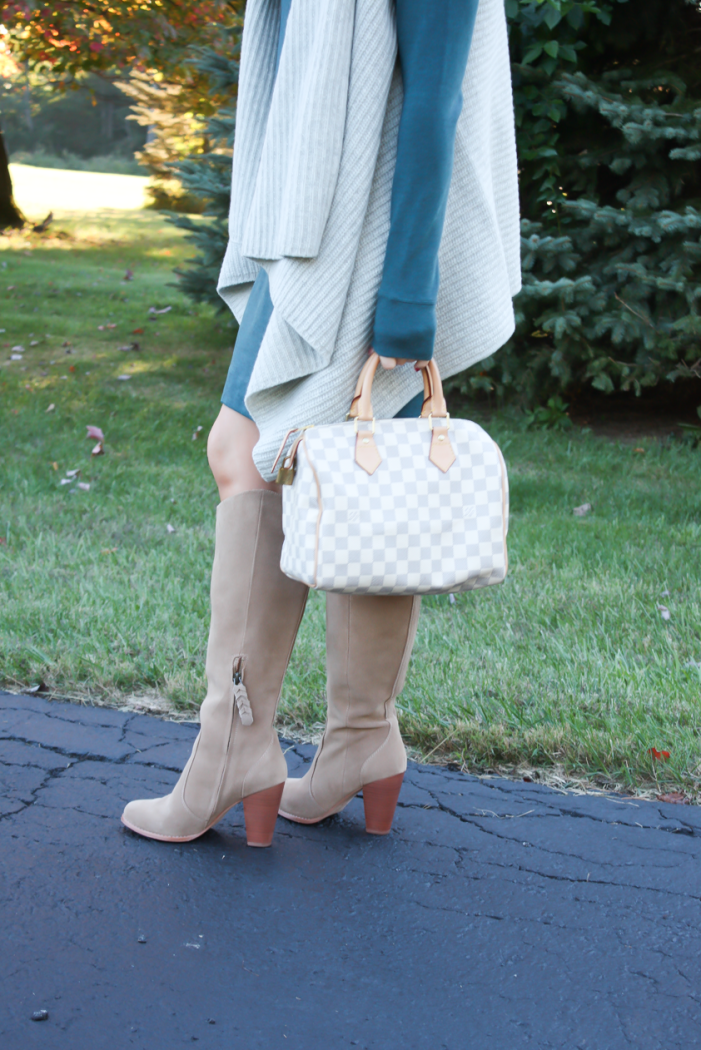 Teal Long Sleeve Knit Dress, Grey Sweater Vest, Tan Suede Tall High Heel Boots, Ivory and Grey Bag, Loft, Lou and Grey, Club Monaco, Joie, Louis Vuitton 5