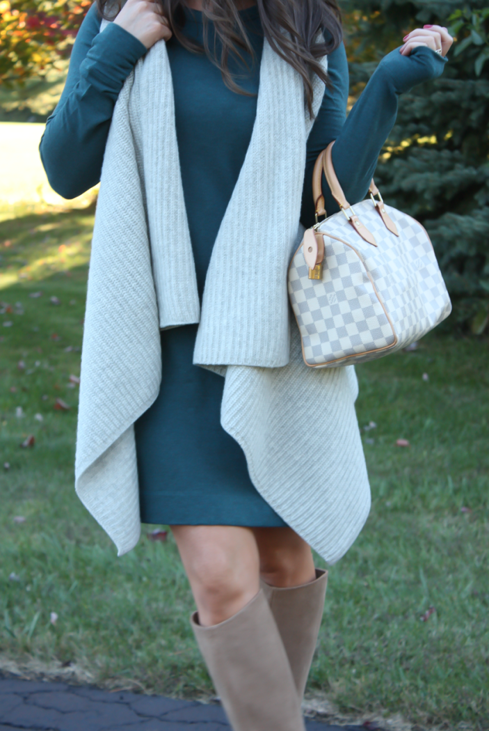 Teal Long Sleeve Knit Dress, Grey Sweater Vest, Tan Suede Tall High Heel Boots, Ivory and Grey Bag, Loft, Lou and Grey, Club Monaco, Joie, Louis Vuitton 6