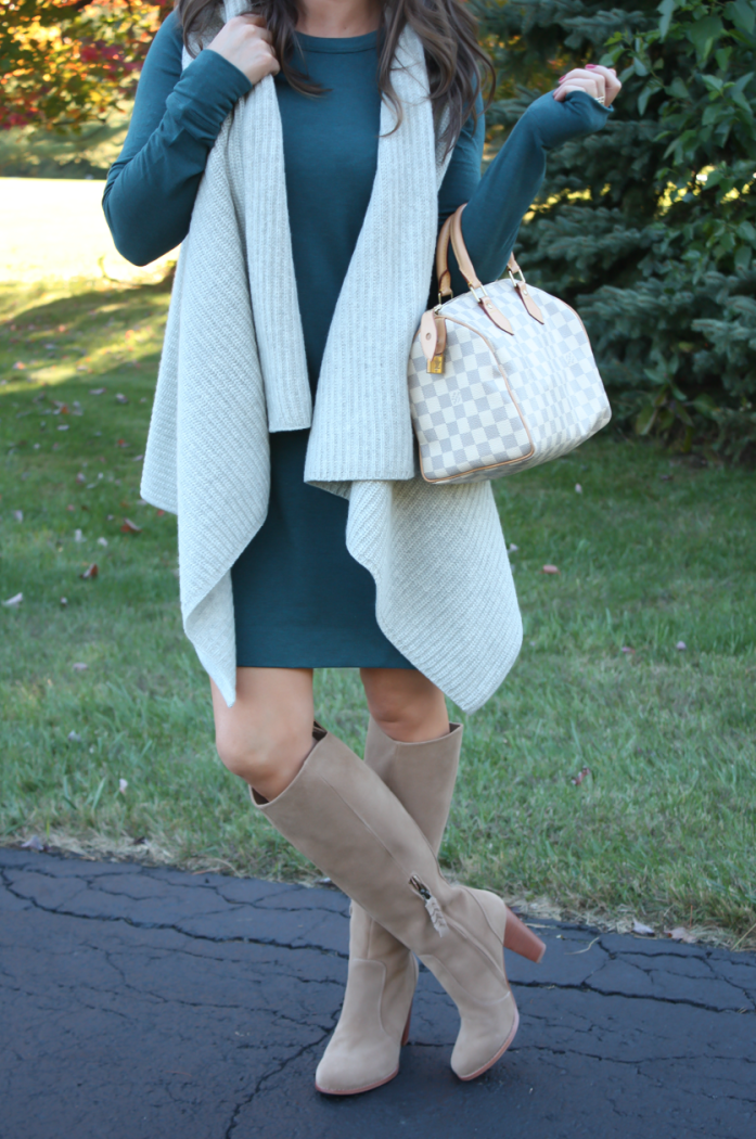 Teal Long Sleeve Knit Dress, Grey Sweater Vest, Tan Suede Tall High Heel Boots, Ivory and Grey Bag, Loft, Lou and Grey, Club Monaco, Joie, Louis Vuitton 7