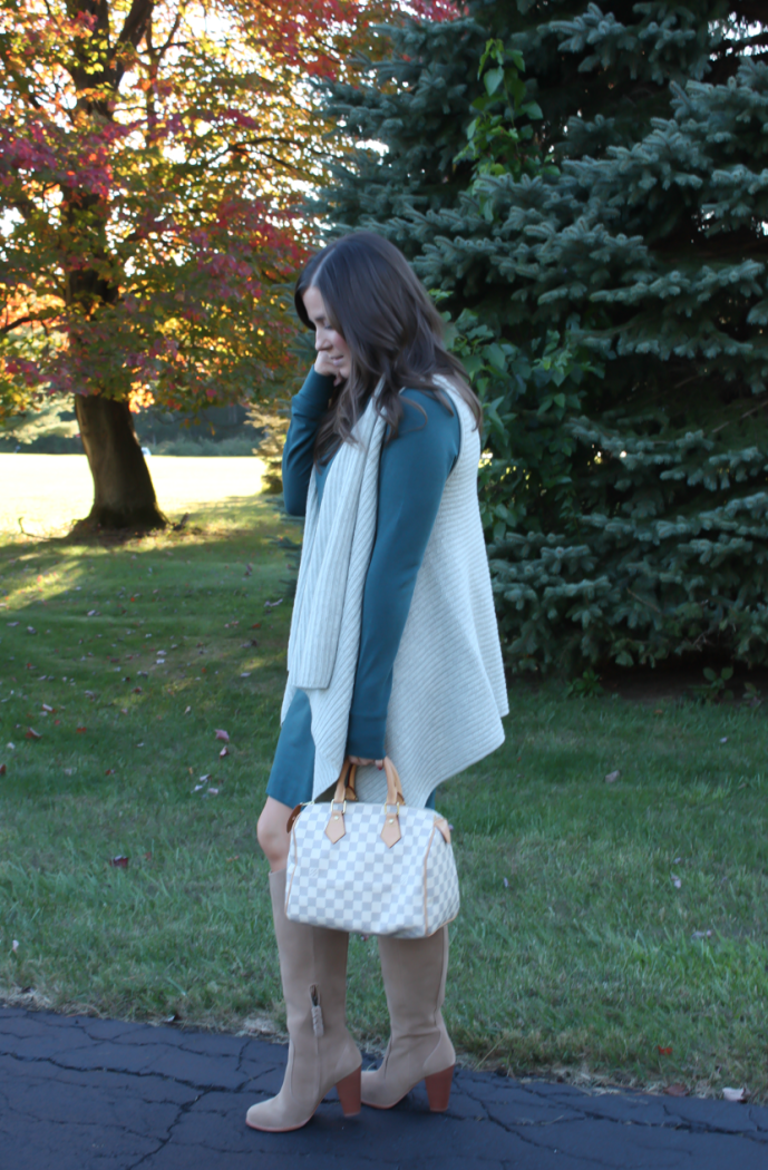 Teal Long Sleeve Knit Dress, Grey Sweater Vest, Tan Suede Tall High Heel Boots, Ivory and Grey Bag, Loft, Lou and Grey, Club Monaco, Joie, Louis Vuitton 8