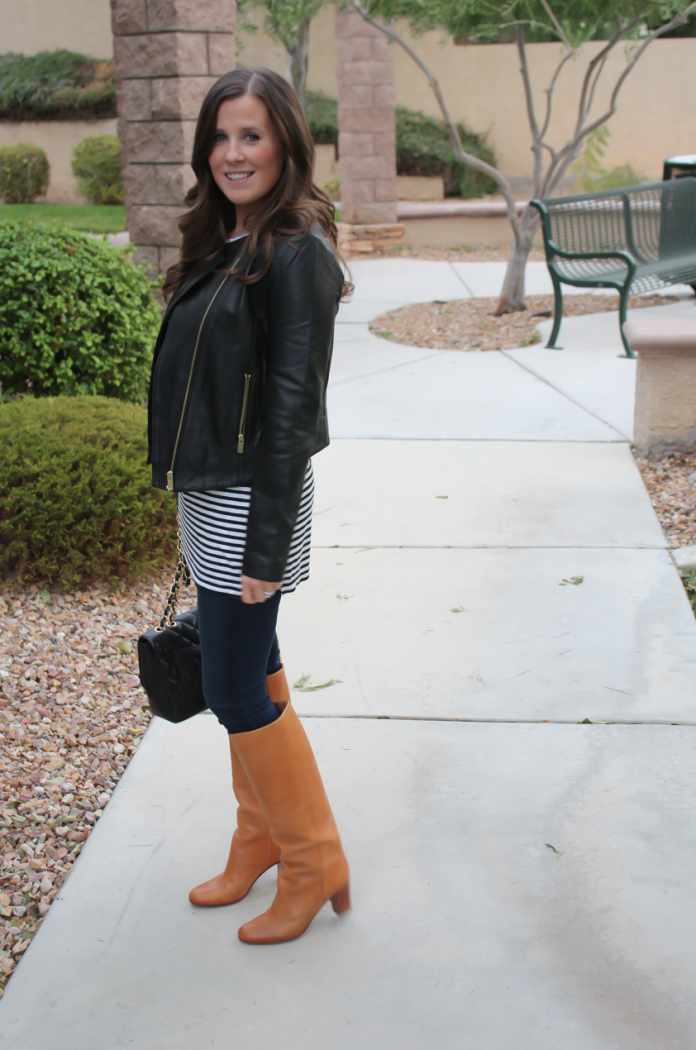 Black Leather Jacket, Black and White Striped Tunic, Dark Rinse Skinny Jeans, Tan Tall Leather Boots, Black Quilted Chain Strap Bag, Ann Taylor, Old Navy, Rag and Bone, Maison Margiela, Chanel 14