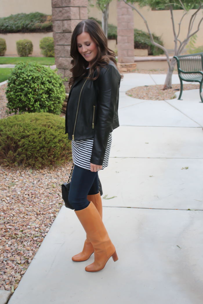 Black Leather Jacket, Black and White Striped Tunic, Dark Rinse Skinny Jeans, Tan Tall Leather Boots, Black Quilted Chain Strap Bag, Ann Taylor, Old Navy, Rag and Bone, Maison Margiela, Chanel 15