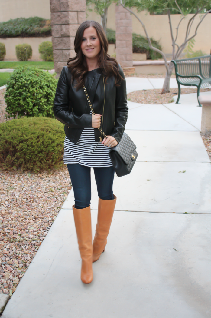 Black Leather Jacket, Black and White Striped Tunic, Dark Rinse Skinny Jeans, Tan Tall Leather Boots, Black Quilted Chain Strap Bag, Ann Taylor, Old Navy, Rag and Bone, Maison Margiela, Chanel 16