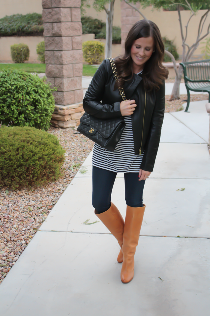 Black Leather Jacket, Black and White Striped Tunic, Dark Rinse Skinny Jeans, Tan Tall Leather Boots, Black Quilted Chain Strap Bag, Ann Taylor, Old Navy, Rag and Bone, Maison Margiela, Chanel