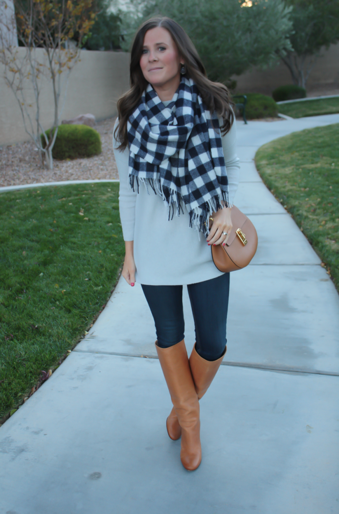 Grey Cashmere Tunic, Navy Gingham Scarf, Dark Rinse Skinny Jeans, Tall Tan Boots, Tan Chain Strap Saddle Bag, J.Crew, Rag and Bone, Maison Margiela, Chloe 14