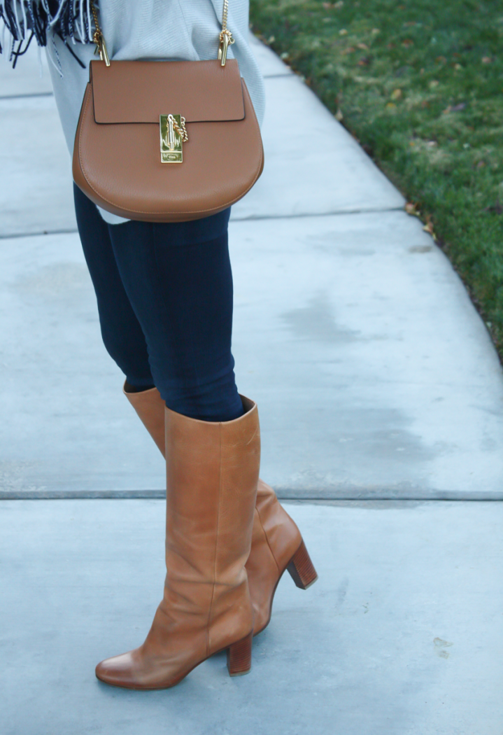 Grey Cashmere Tunic, Navy Gingham Scarf, Dark Rinse Skinny Jeans, Tall Tan Boots, Tan Chain Strap Saddle Bag, J.Crew, Rag and Bone, Maison Margiela, Chloe 7