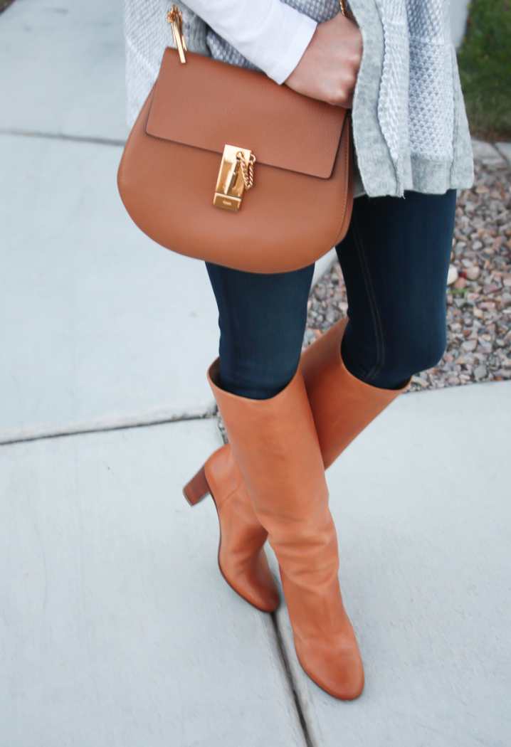 Grey Sweater Wrap, Whit Long Sleeve Tee, Dark Rinse Skinny Jeans, Tall Cognac Leather Boots, Chain Strap Cross Body Bag, Banana Republic, Gap, Rag and Bone, Maison Margiela, Chloe 10