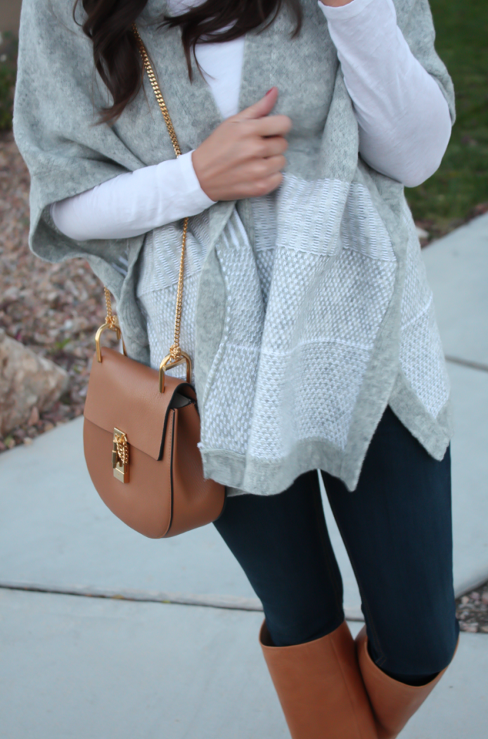 Grey Sweater Wrap, Whit Long Sleeve Tee, Dark Rinse Skinny Jeans, Tall Cognac Leather Boots, Chain Strap Cross Body Bag, Banana Republic, Gap, Rag and Bone, Maison Margiela, Chloe 11